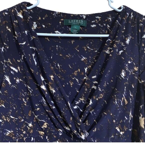 LRL WOMEN’s BLACK MULTI RUCHED w/ FAUX WRAP DETAIL ABSTRACT PRINT DRESS Size-4 - Picture 2 of 7